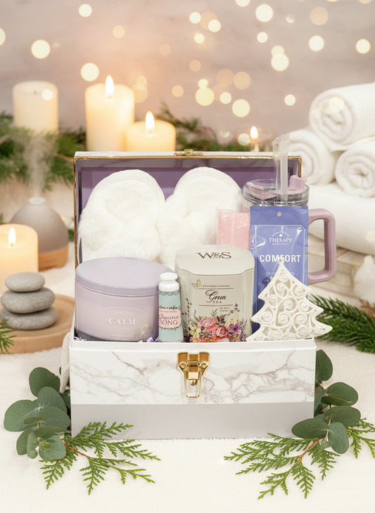 Holiday Relaxation Gift Basket, White Plush Slippers, Tumbler, Candle, Tea and More!