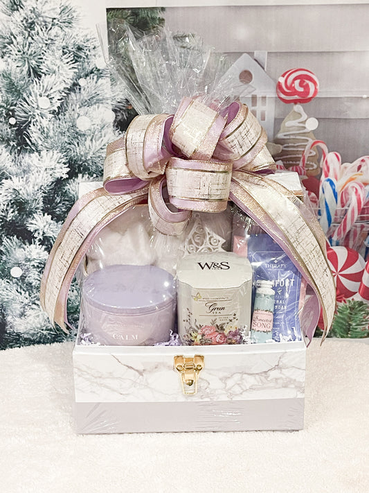 Holiday Relaxation Gift Basket, White Plush Slippers, Tumbler, Candle, Tea and More!