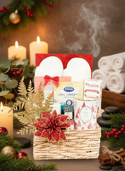 Festive Spa Basket, Mistletoe Birch Scented Candle, Collagen Mask, Exfoliating Foot Mask, Slippers, Tea and More