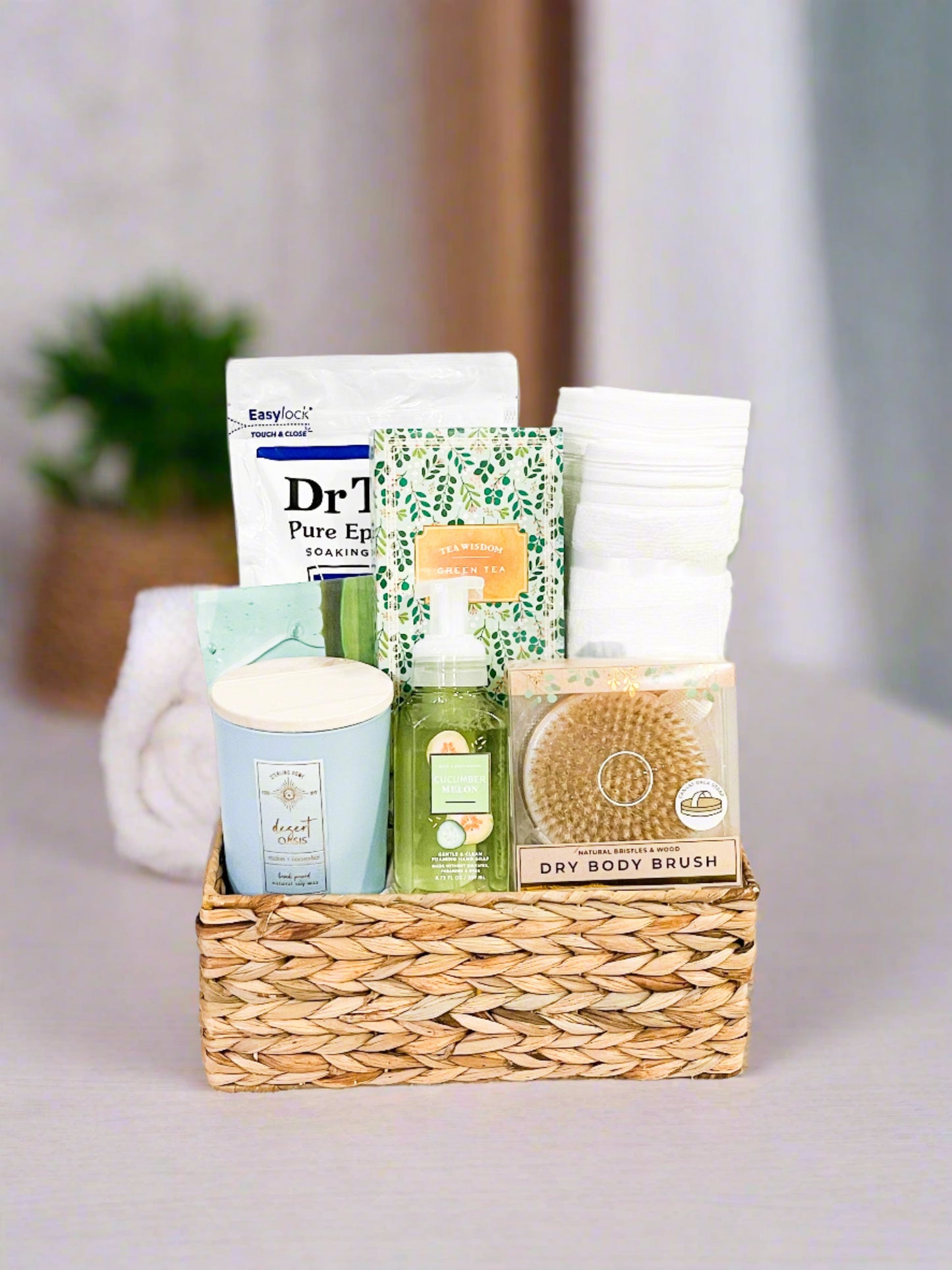 Spa Gift Basket with Body Brush, Candle, Hand Soap, Aloe Mask and More