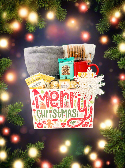 Merry Christmas Gift Basket, Secret Santa, Gift for Neighbor, Mug, Tea and Snacks