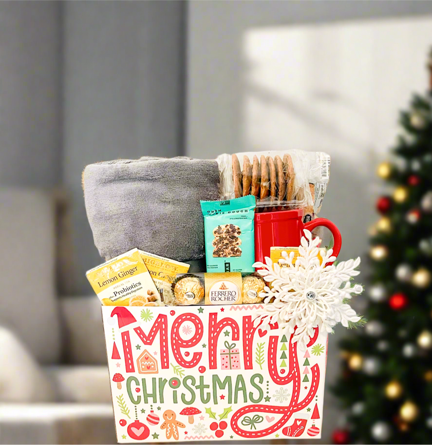 Merry Christmas Gift Basket, Secret Santa, Gift for Neighbor, Mug, Tea and Snacks