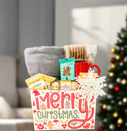 Merry Christmas Gift Basket, Secret Santa, Gift for Neighbor, Mug, Tea and Snacks