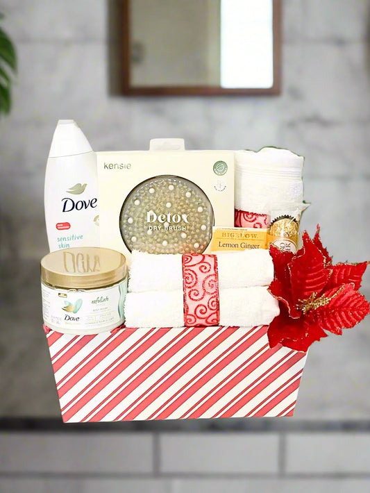 Holiday Spa Gift Basket, Body Polish, Body Wash, Deluxe Hand Towel, Body Brush and More